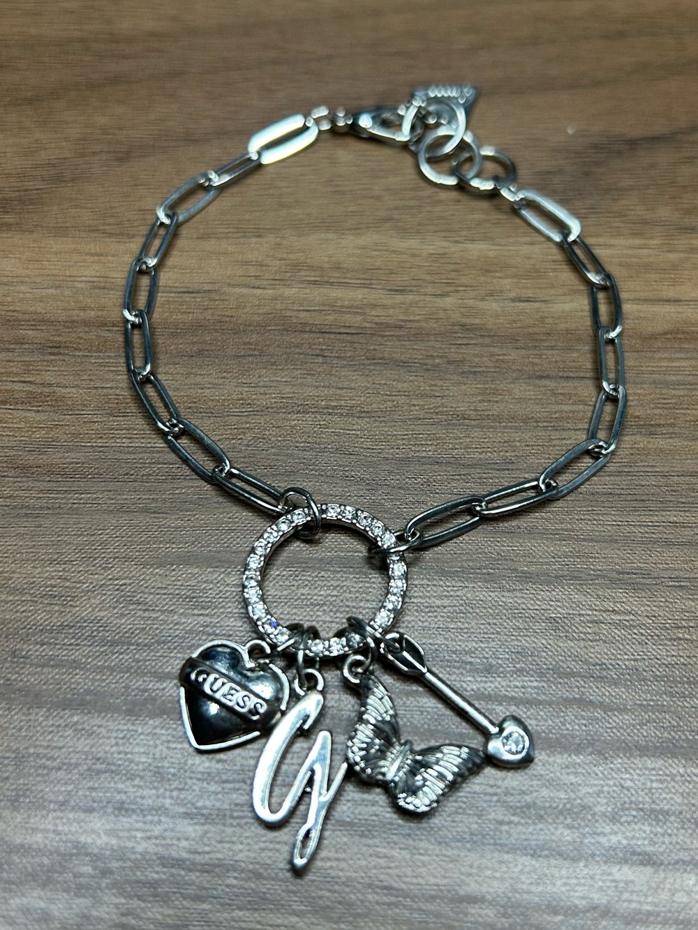 Silver Guess Charm Link Bracelet with Crystal Circle